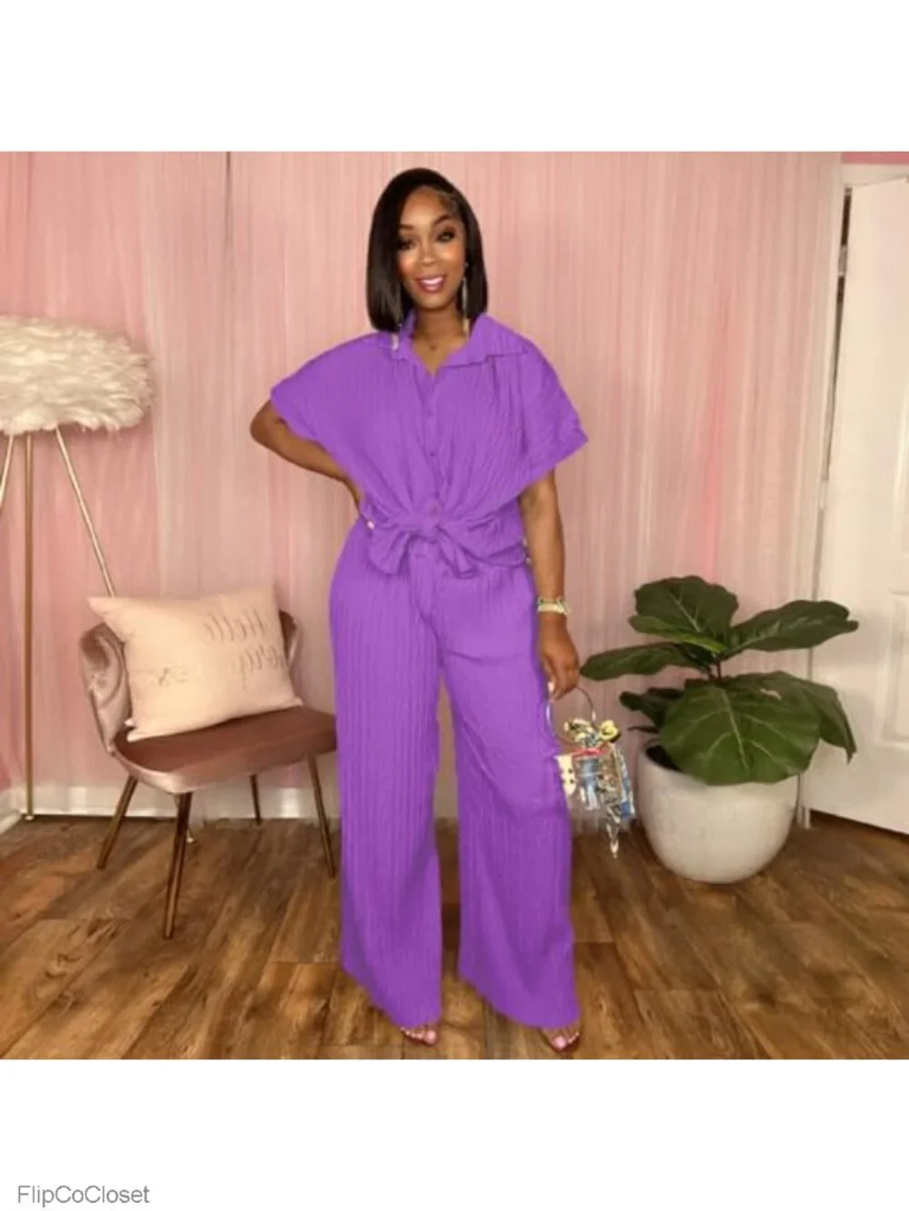 Women's 2 Piece Outfit Short Sleeve Button Down Shirt & Wide Leg Pants Set